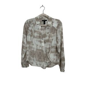 INC International Concepts Womens 6 Wrap Blouse Beige/White Long Sleeve Button